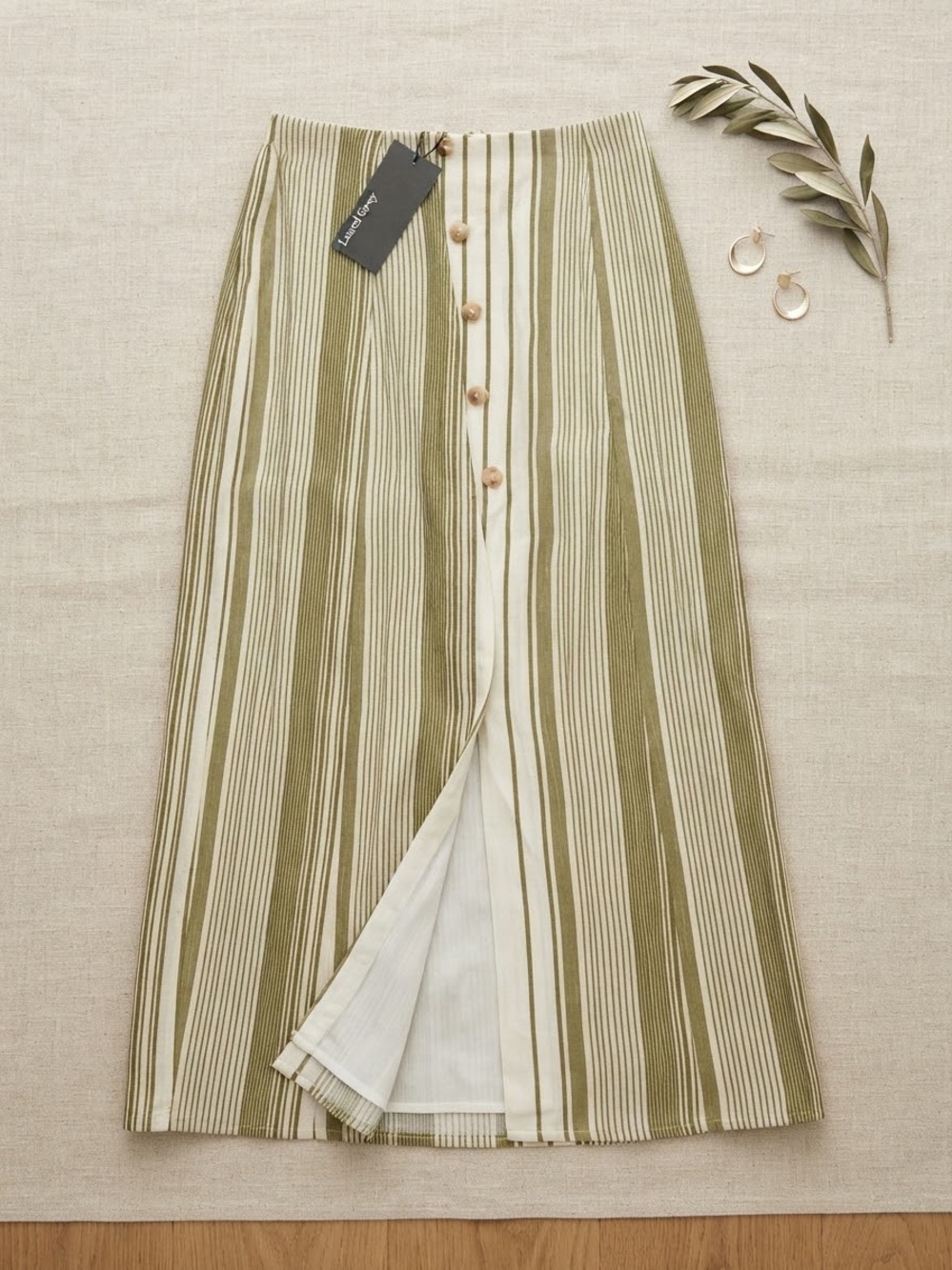 Striped Olive and Cream Button-Front Maxi Skirt